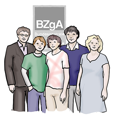 Vor dem Logo "BZgA" stehen gezeichnet drei Mann und zwei Frauen, die Mitarbeiter verkörpern sollen.