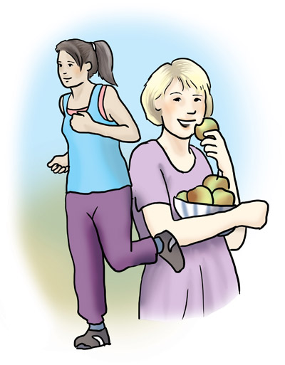 Die braunhaarige Frau geht joggen und die blondhaarige Frau isst einen Apfel